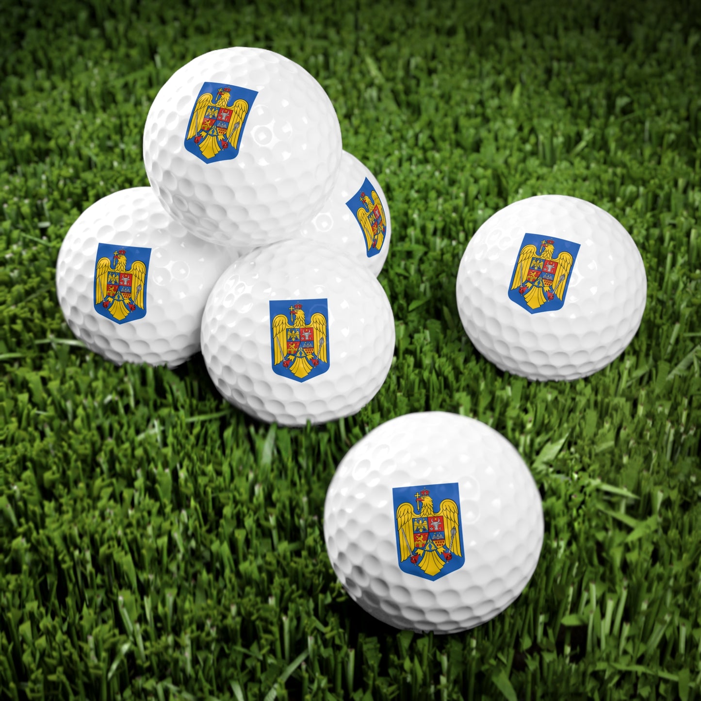 Mingi de golf cu stema României color (6x)