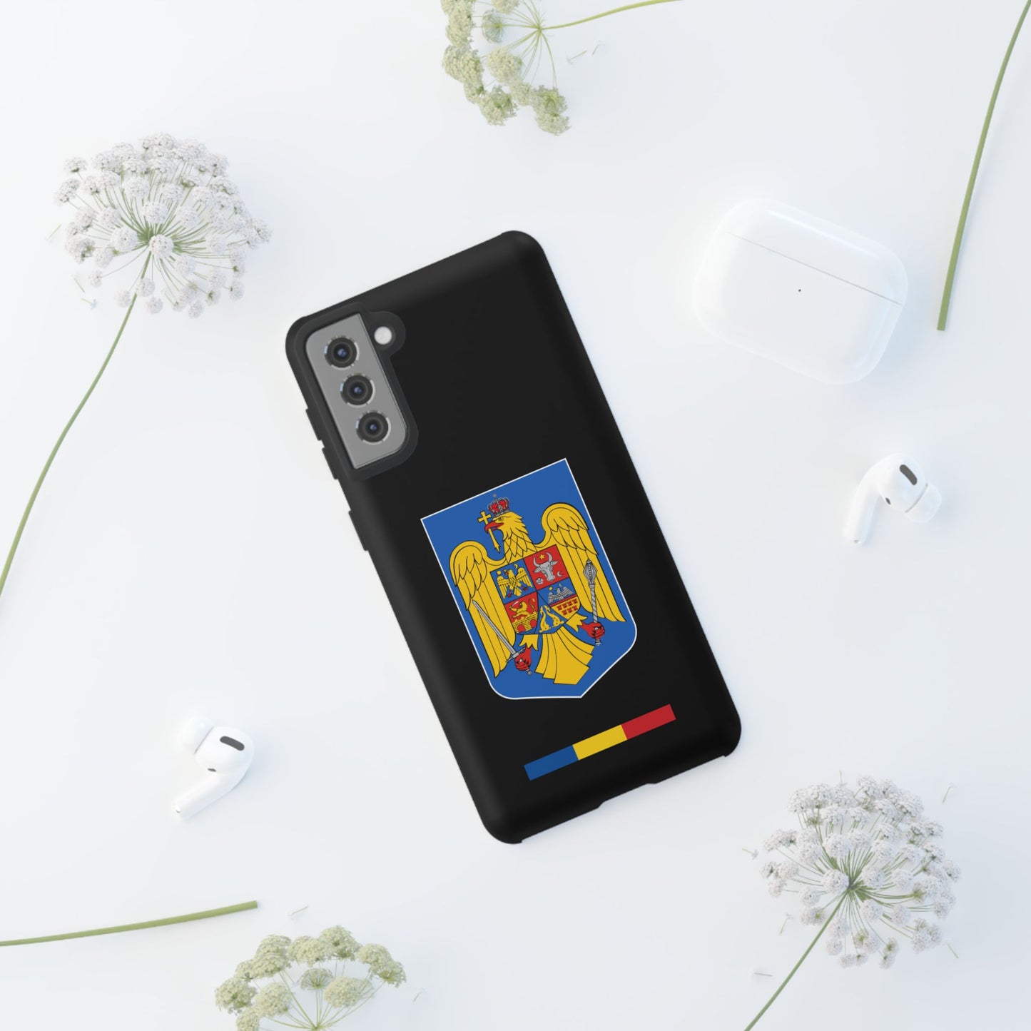 Husă rigidă neagră - Stema color și Tricolor România