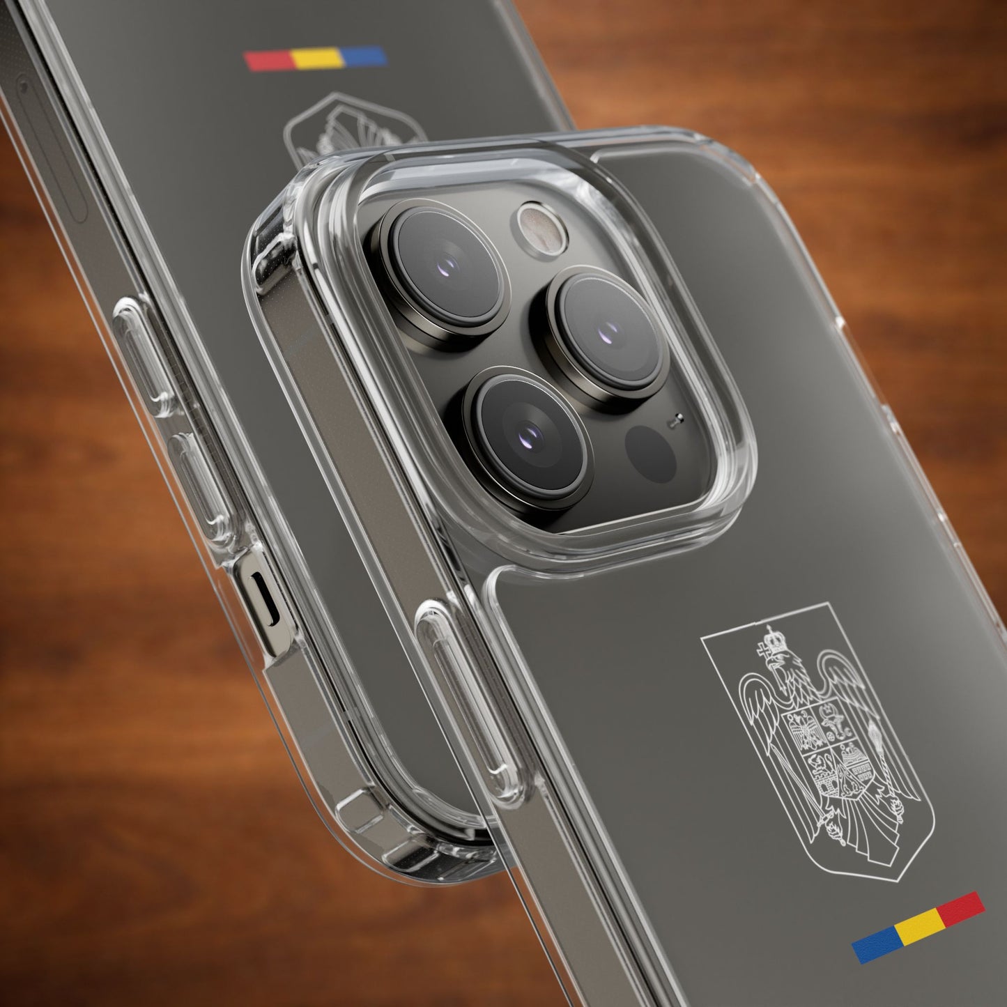 Carcasa transparenta cu stema României (contur alb)