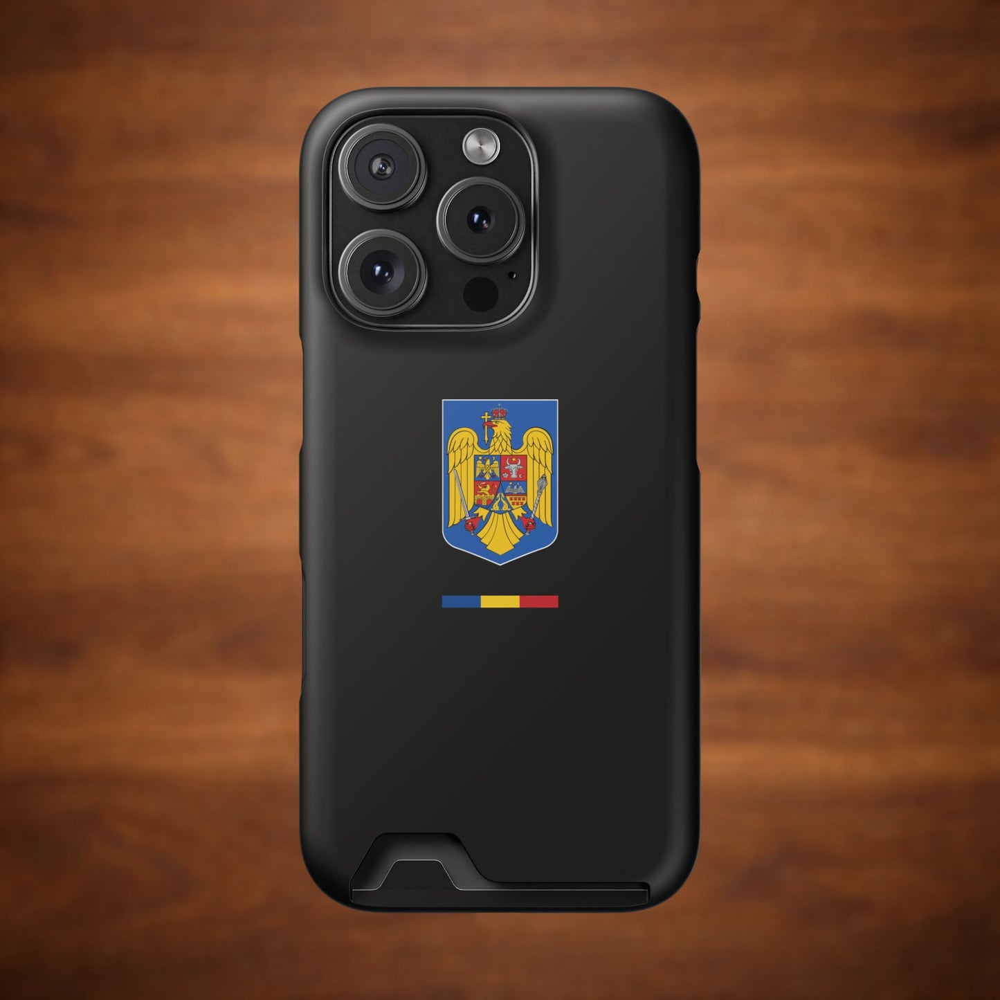 Husă de telefon neagră cu stema României (color) și suport pentru carduri