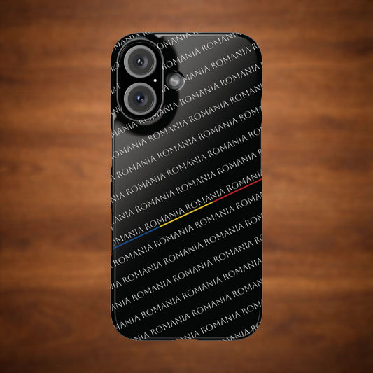 Husă neagră inscripționată cu România si tricolor