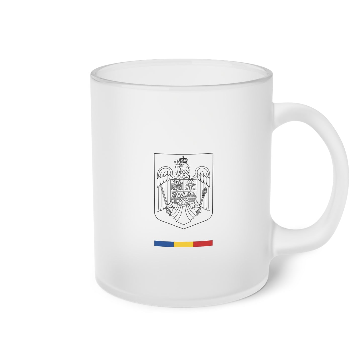 Cană din sticlă mată cu stema României și tricolor