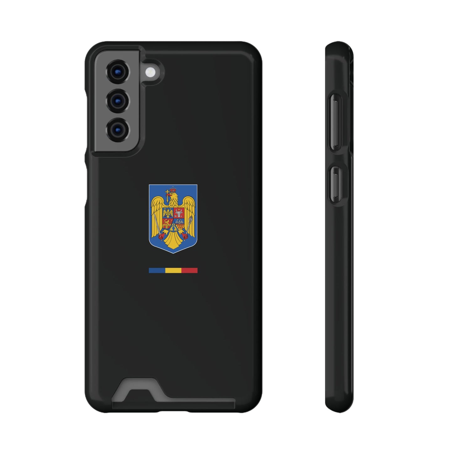 Husă de telefon neagră cu stema României (color) și suport pentru carduri