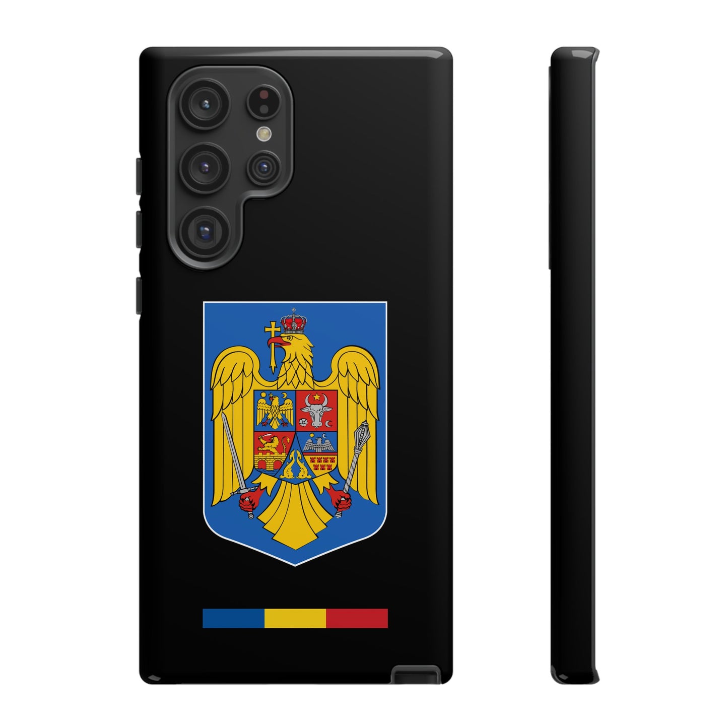 Husă rigidă neagră - Stema color și Tricolor România