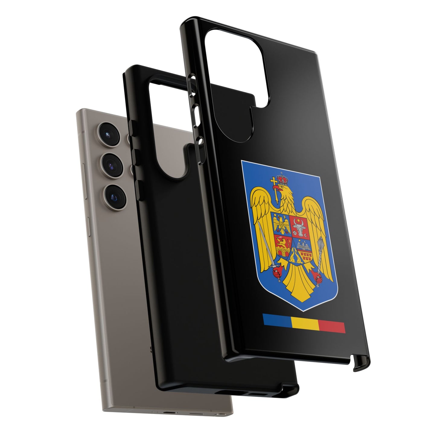 Husă rigidă neagră - Stema color și Tricolor România