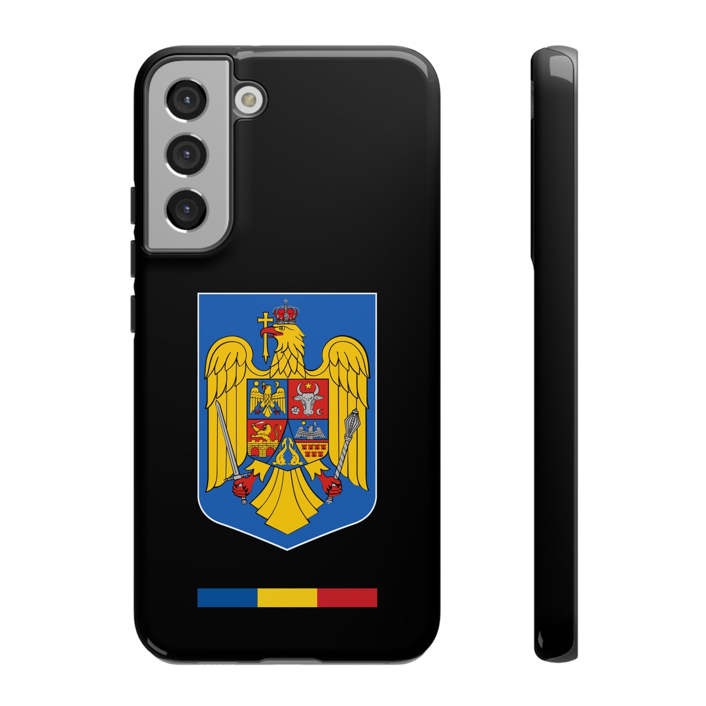 Husă rigidă neagră - Stema color și Tricolor România